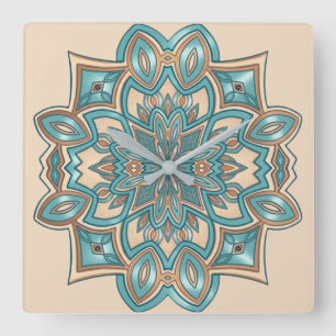 Horloge Carrée Mandala Élégance Turquoise