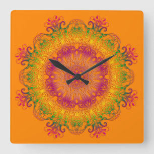 Horloge Carrée Mandala floral ethnique sur le fond orange