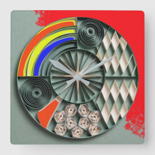 Horloge Carrée Mandala géométrique multicolore de style quilling 