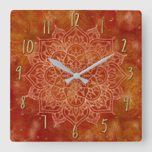 Horloge Carrée Mandala orange et Glamour doré Moderne et Chic