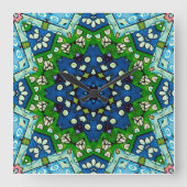 Horloge Carrée Mandala Retro Mosaic Vert Motif bleu (Recto)