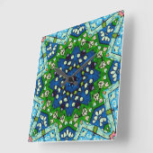 Horloge Carrée Mandala Retro Mosaic Vert Motif bleu (Angle)