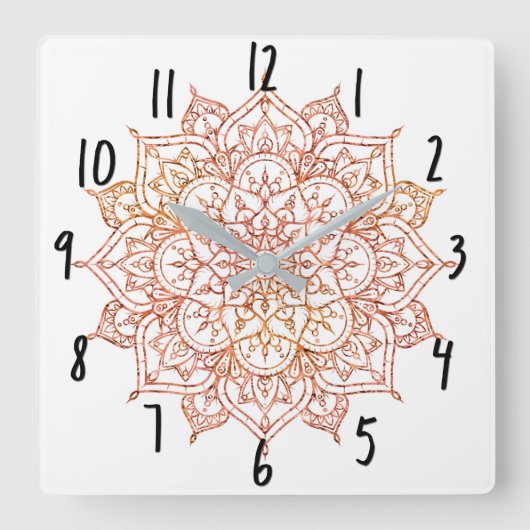 Horloge Carrée Mandala rose et orange sur Glam blanc (Recto)