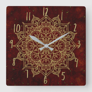 Horloge Carrée Mandala rouge vin profond et glamour doré moderne