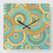 Horloge Carrée Mandala superposé bleu marron or (Recto)