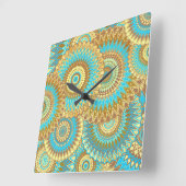 Horloge Carrée Mandala superposé bleu marron or (Angle)