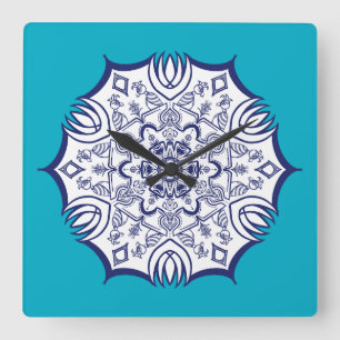 Horloge Carrée Mandel Bleu & Blanc Avec Créatures Tumble Thermiqu