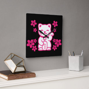 Horloge Carrée Maneki-neko japonais rose