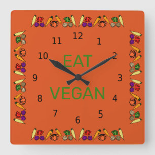 Horloge Carrée Manger Vegan, légumes colorés, nombres noirs