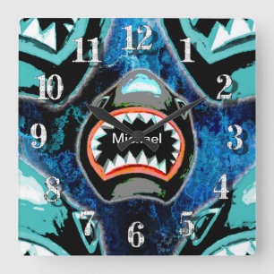 Horloge Carrée Manie de requin illustration de dessin animé drôle