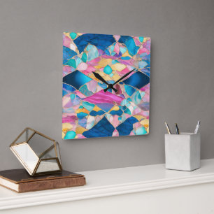Horloge Carrée "Manilva" Sable rose Bleu Vagues fracturées