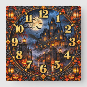 Horloge Carrée Manoir gothique hanté la nuit d'Halloween