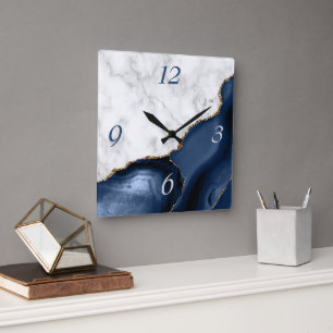 Horloge Carrée Marbre blanc agate bleu marine paillettes dorées