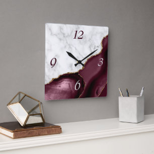 Horloge Carrée Marbre blanc Agate Bourgogne Paillettes dorées