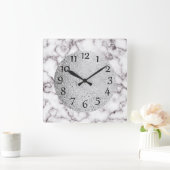 Horloge Carrée Marbre blanc élégant et gris avec argent (Maison)