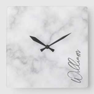 Horloge Carrée Marbre blanc Modern Script Nom personnalisé