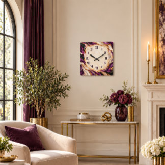 Horloge Carrée Marbre doré violet Art chiffre romain Luxe
