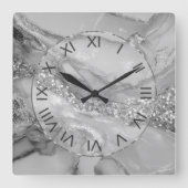 Horloge Carrée Marbre fluide argent et blanc de luxe (Recto)