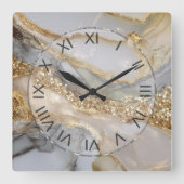 Horloge Carrée Marbre fluide or et blanc de luxe (Recto)