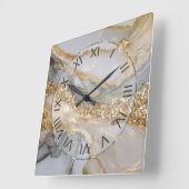 Horloge Carrée Marbre fluide or et blanc de luxe (Angle)