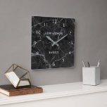 Horloge Carrée Marbre gris moderne motif nom de famille<br><div class="desc">Motif moderne en marbre gris noir,  nom de famille,  horloge murale Carré. Vous pouvez ajouter votre propre nom pour personnaliser.</div>