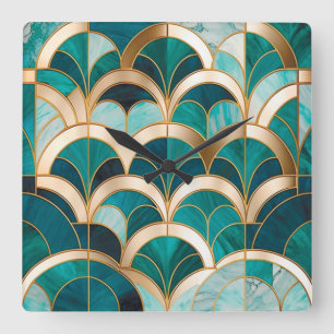 Horloge Carrée Marbre Luxueux Mosaïque Art Déco Turquoise Bleu Or