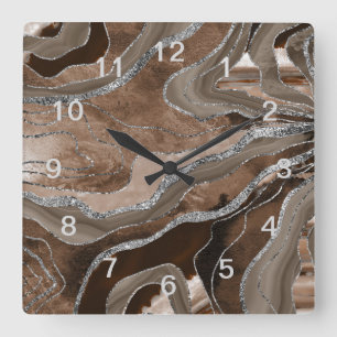 Horloge Carrée Marbre Marron Agate Pailleté Argent Glam #2