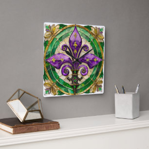 Horloge Carrée Mardi Gras Vitrail Fleur di lis