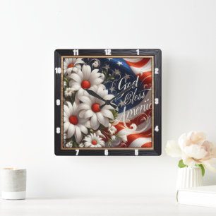 Horloge Carrée Marguerites Drapeau Américain Patriotique