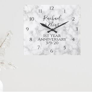 Horloge Carrée Mariage Anniversaire Élégant en Marbre