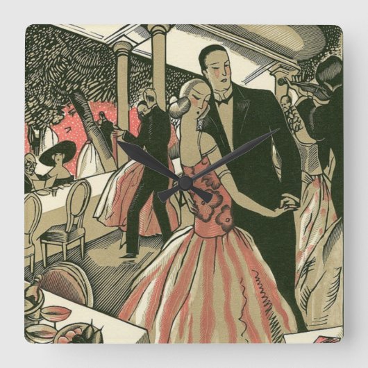 Horloge Carrée Mariage Art Déco Vintage, Première Danse des Jeune (Recto)