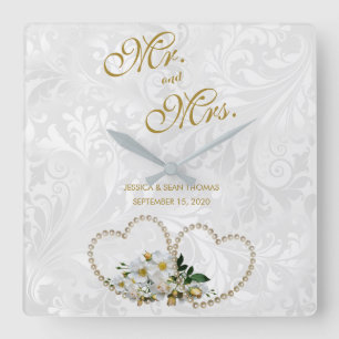 Horloge Carrée Mariage Damassé Cœurs et Fleurs de Perle