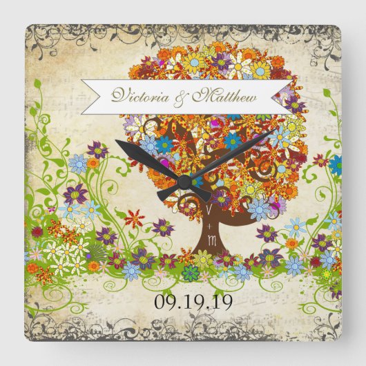 Horloge Carrée Mariage de la branche côté forêt enchantée (Recto)