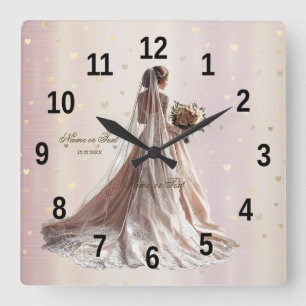 Horloge Carrée Mariage d'Hiver Rose Mariée Dorée Cœur Brillant Fê