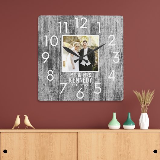 Horloge Carrée  Mariage en bois gris Anniversaire Photo personnal