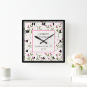 Horloge Carrée Mariage Motif Fleur sauvage rose et vert (Maison)