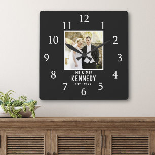 Horloge Carrée Mariage photo minimaliste moderne noir et blanc