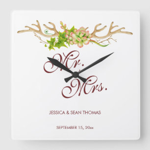 Horloge Carrée Mariage Rustique Bois de Cerf & Fleurs Sauvages So