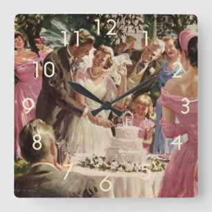Horloge Carrée Mariés de mariage vintage coupent le gâteau
