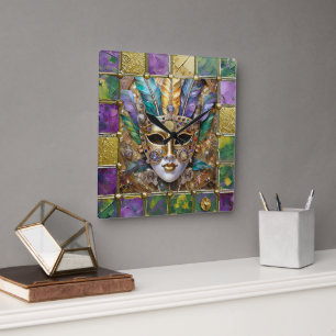 Horloge Carrée Masque à plumes coloré en céramique et or Mardi Gr