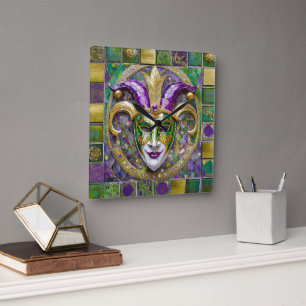Horloge Carrée Masque de Jester Mardi Gras Violet Vert Or