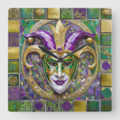 Horloge Carrée Masque Mardi Gras Jester Vert Or (Recto)