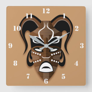HORLOGE CARRÉE MASQUE TRIBAL AFRICAIN EN CHOCOLAT BROWN