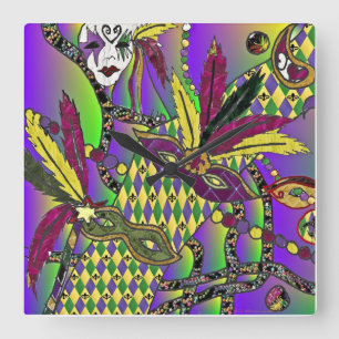 Horloge Carrée Masques à plumes de Mardi Gras psychédéliques Horl
