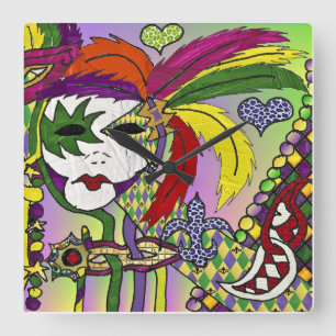 Horloge Carrée Masques à plumes de Mardi Gras psychédéliques II H