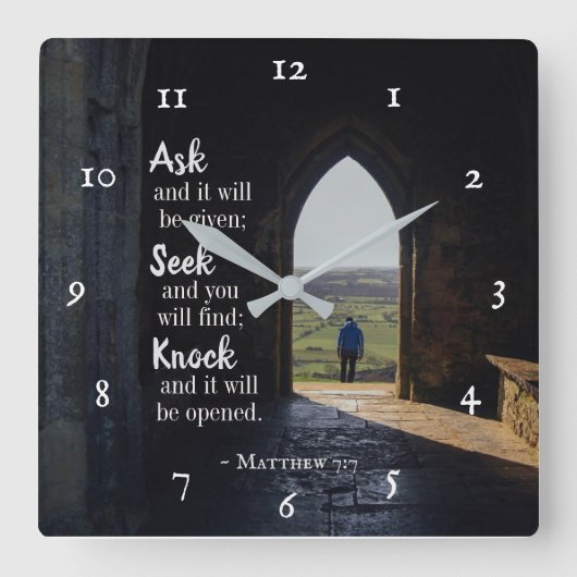 Horloge Carrée Matthieu 7:7, Demandez et il sera donné (Recto)
