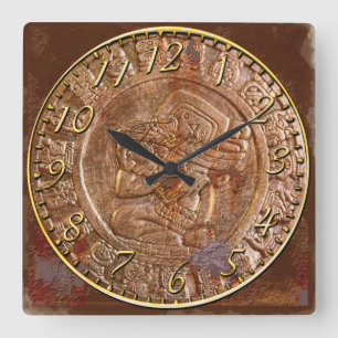 Horloge Carrée Mayan Carved Metal Aztec Mexican Art History Clock