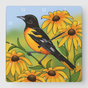 Horloge Carrée MD State Bird Oriole & Black eyed Susan Flower