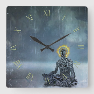 Horloge Carrée Méditant homme. halo flamboyant