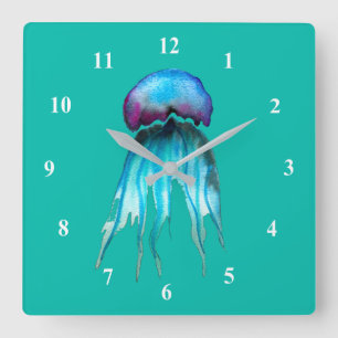 Horloge Carrée Méduse aquarelle moderne colorée aquatique